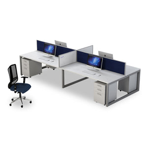 Loop 4way office cluster with white melamine tops and silver steel loop legs and mobile pedestals from Desk & Chair shop