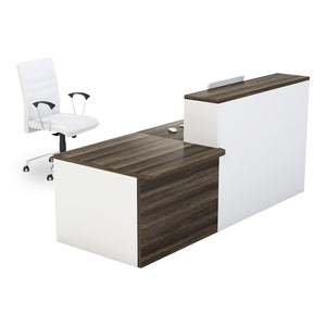 Soneva reception counter in white and rich brown melamine with lower side station from Desk & Chair shop