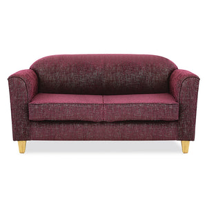 Stratford office reception double lounge couch in purple fabric and wooden legs from Desk & Chair shop